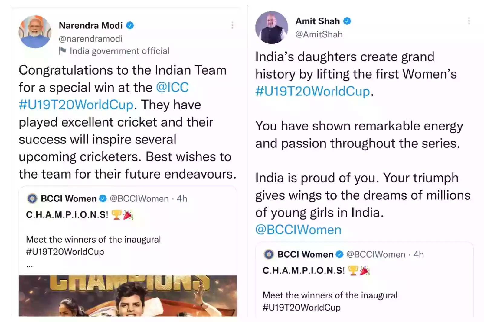 पीएम मोदी और अमित शाह ने अंडर-19 महिला टी20 टीम को विश्व विजेता बनने की बधाई दी